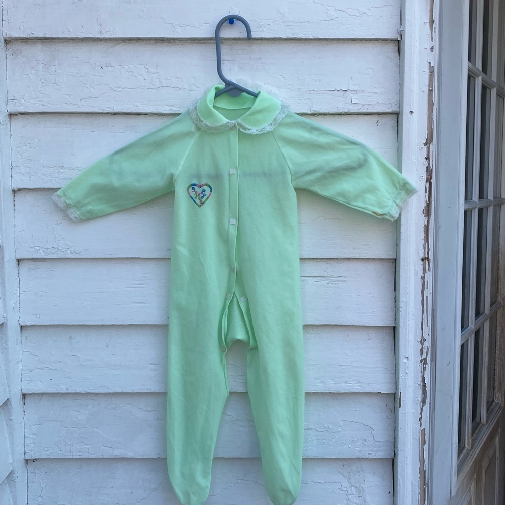 Vintage Green Girls Footed PJ  24months/ 1 year Onesie One Piece I Love You
